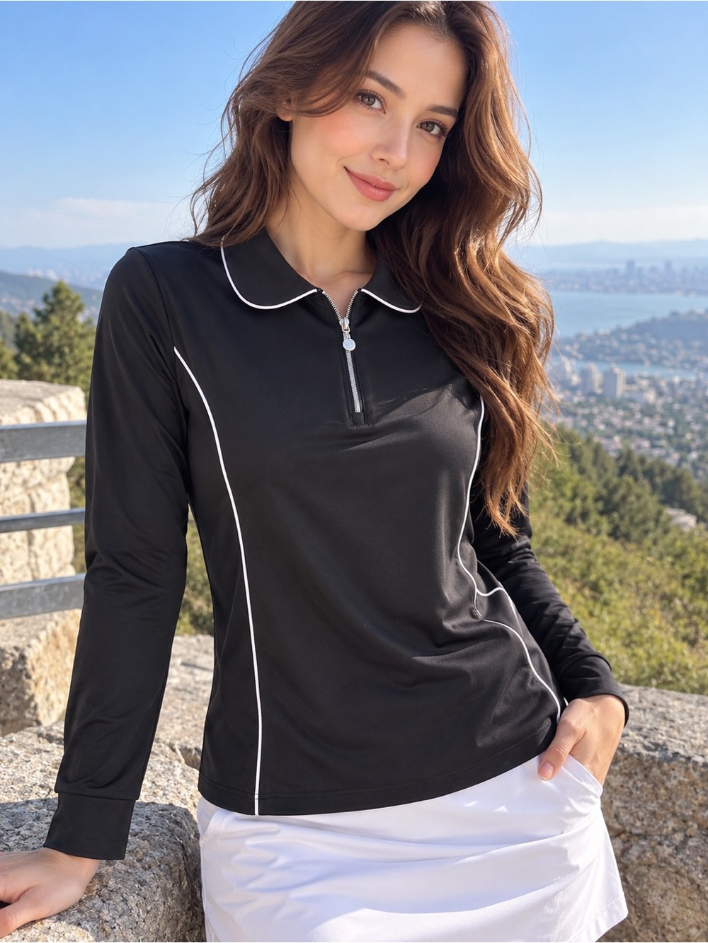 NWT ACEGOLFS Women’s Black Long Sleeve Quarter Zip Golf Top White Piping Size L